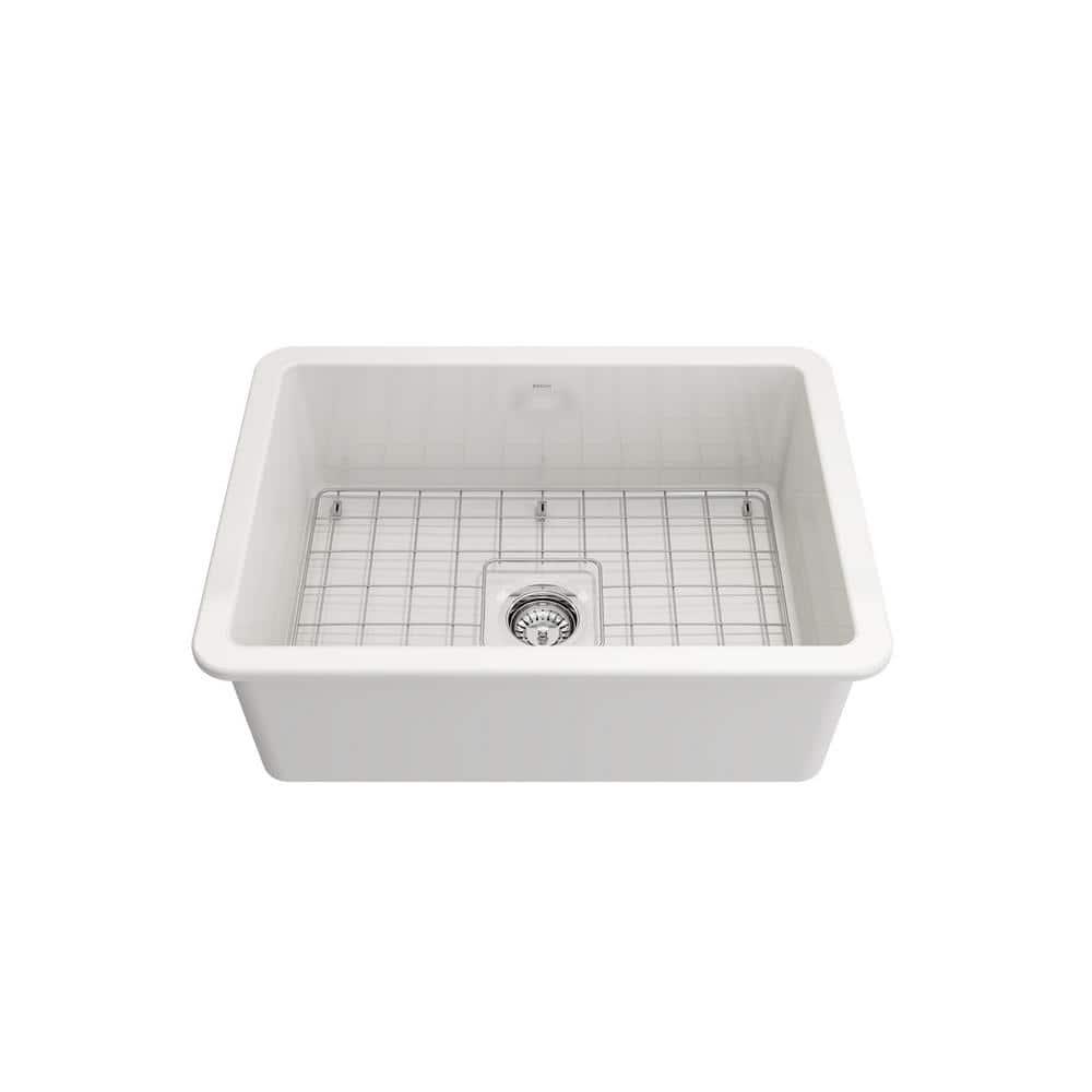 Glossy White Fireclay Farmhouse Drop-In Single Bowl Sink Kit