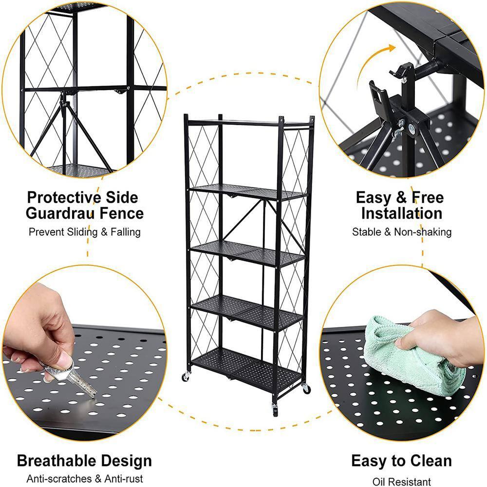 5-Tier Black Metal Kitchen Shelf Foldable Storage Rack with WheelsMultifunctional Cart