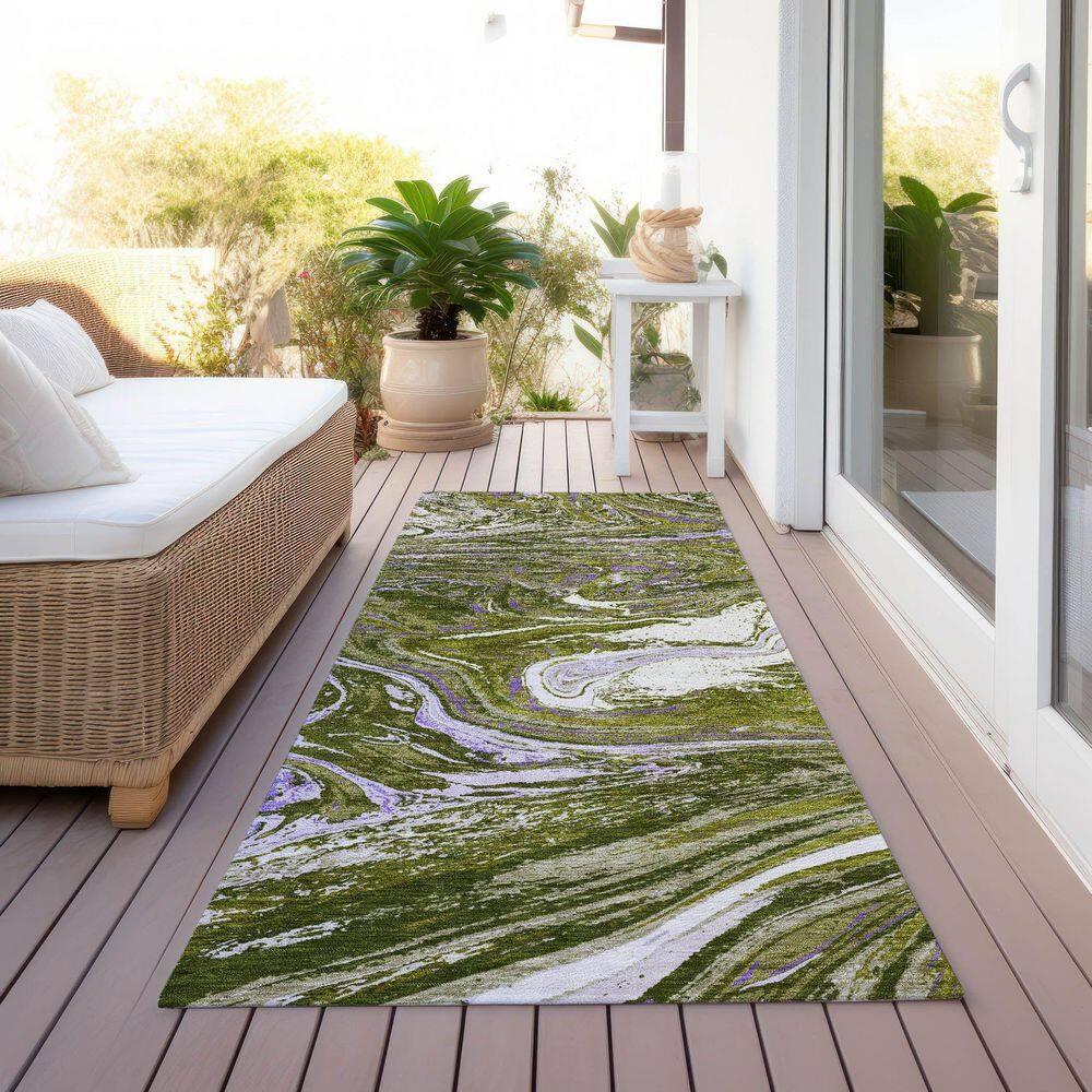 Olive Abstract Washable Synthetic Runner Rug 2'3" x 7'6"