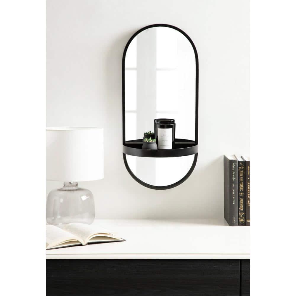 11"x25" Estero KD Metal Wall Mirror with Shelf Black - Kate & Laurel All Things Decor: Oval, Mid-Century Modern