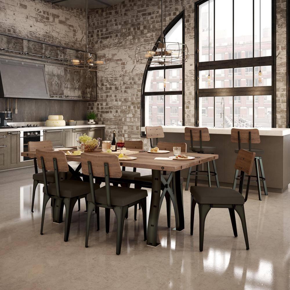 Amisco Symmetry Dining Chair - Dark Brown Grey Polyester / Light Brown Distressed Wood / Dark Grey Metal (Set of 2)