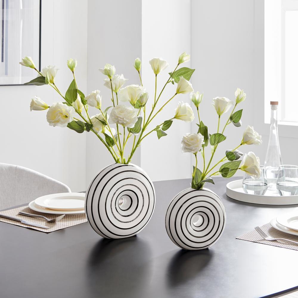 Danya B. Etta Two Piece Glossy Ceramic Black and White Striped Round Hollow Circle Donut Vase Set
