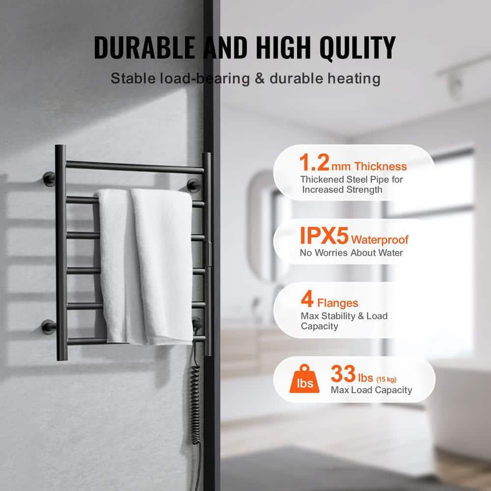 VEVOR 6 Bars Towel Warmer Rack, Wall Mounted Heated Towel Rack for Bathroom, IPX5 Waterpoof Towel Heater Rack with Timer & Display Screen, Black