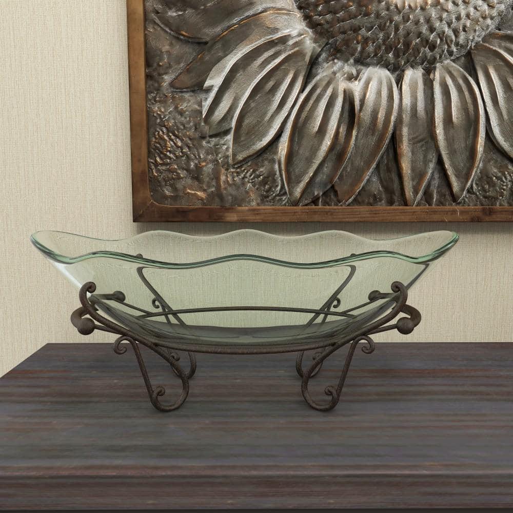 DecMode 23" x 9" Clear Tempered Glass Kitchen Serving Bowl with Brown Metal Scroll Base, 1-Piece