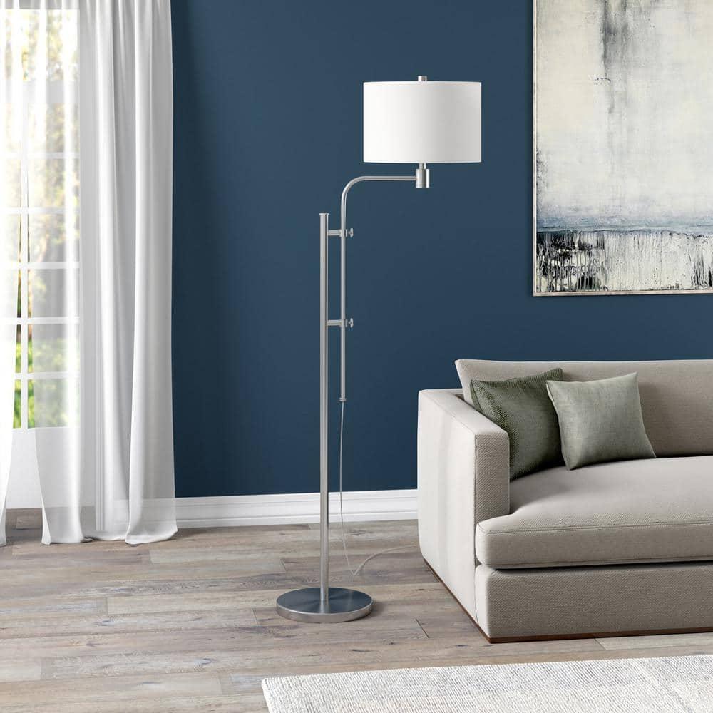 Evelyn&Zoe Polly Height-Adjustable Floor Lamp with Fabric Shade, Brushed Nickel/White