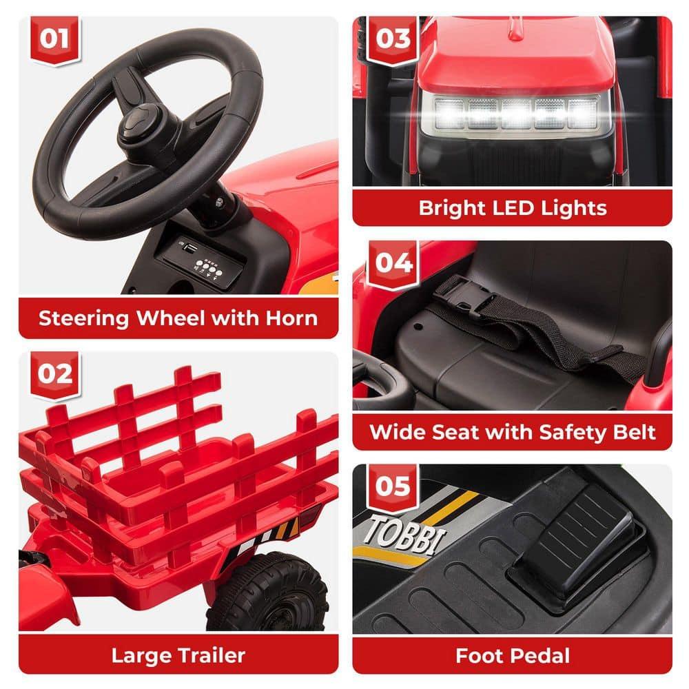 12V Kids Ride On Tractor with Trailer, Battery Powered Electric Car with Music, USB, Music, LED Lights