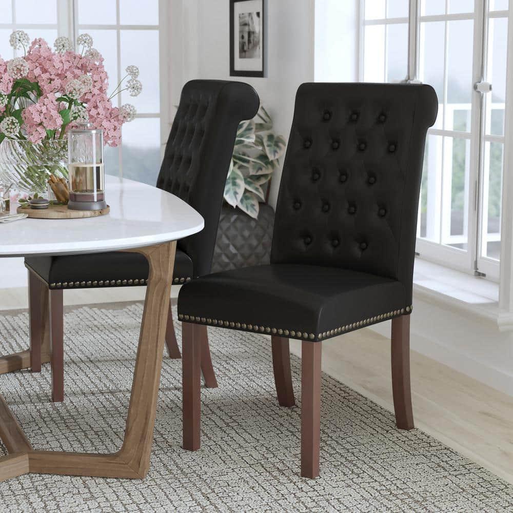 Flash Furniture HERCULES Series Black LeatherSoft Parsons Chair with Rolled Back, Accent Nail Trim and Walnut Finish
