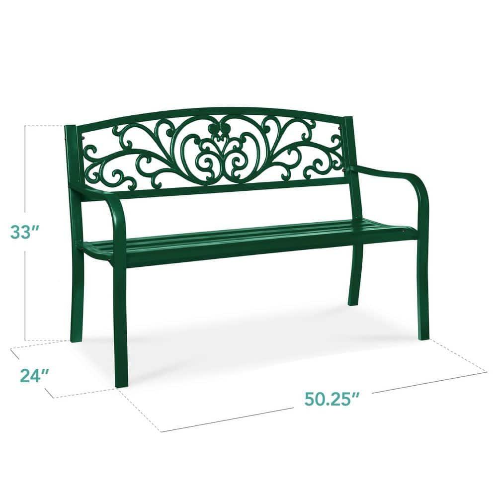 World Menagerie Outdoor Steel Bench with Floral Backrest & Slatted Seat, Marigold for Garden, Patio, Porch, Lawn, and Deck