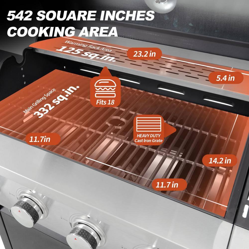 4-Burners Propane Gas Grill with Side Burner & Thermometer, Stainless Steel Propane Grill for Outdoor BBQ and Camping, Patio Backyard Barbecue, 42000 BTU Output