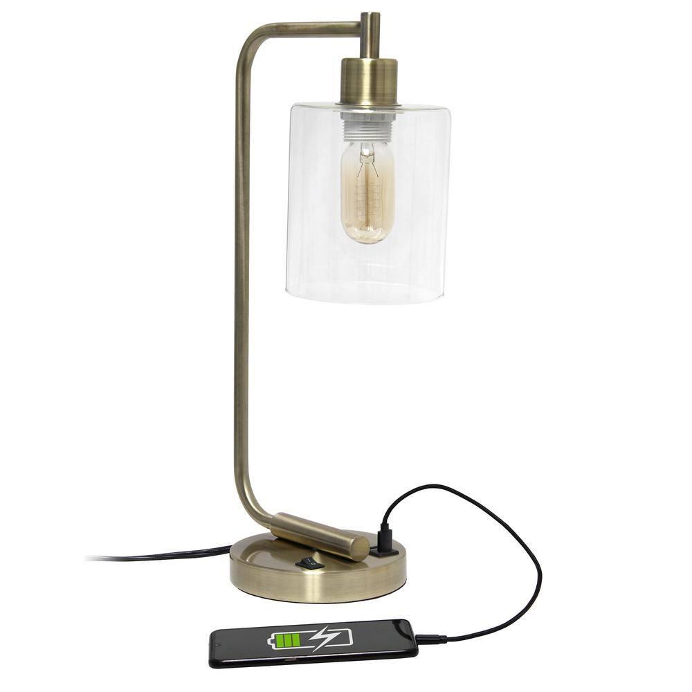 Modern Iron Desk Lamp with USB Port and Glass Shade Antique Brass Finish - Lalia Home: ETL Listed, No Assembly, Edison Bulb Compatible