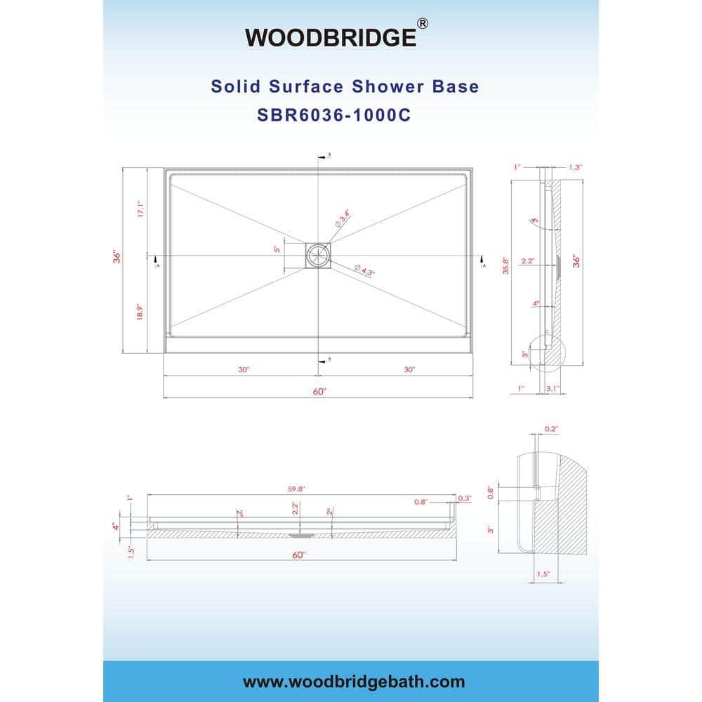 60" x 36" Solid Surface Single Threshold Shower Pan Base with Drain Assembly & Drain Cover Included, Non-Slip