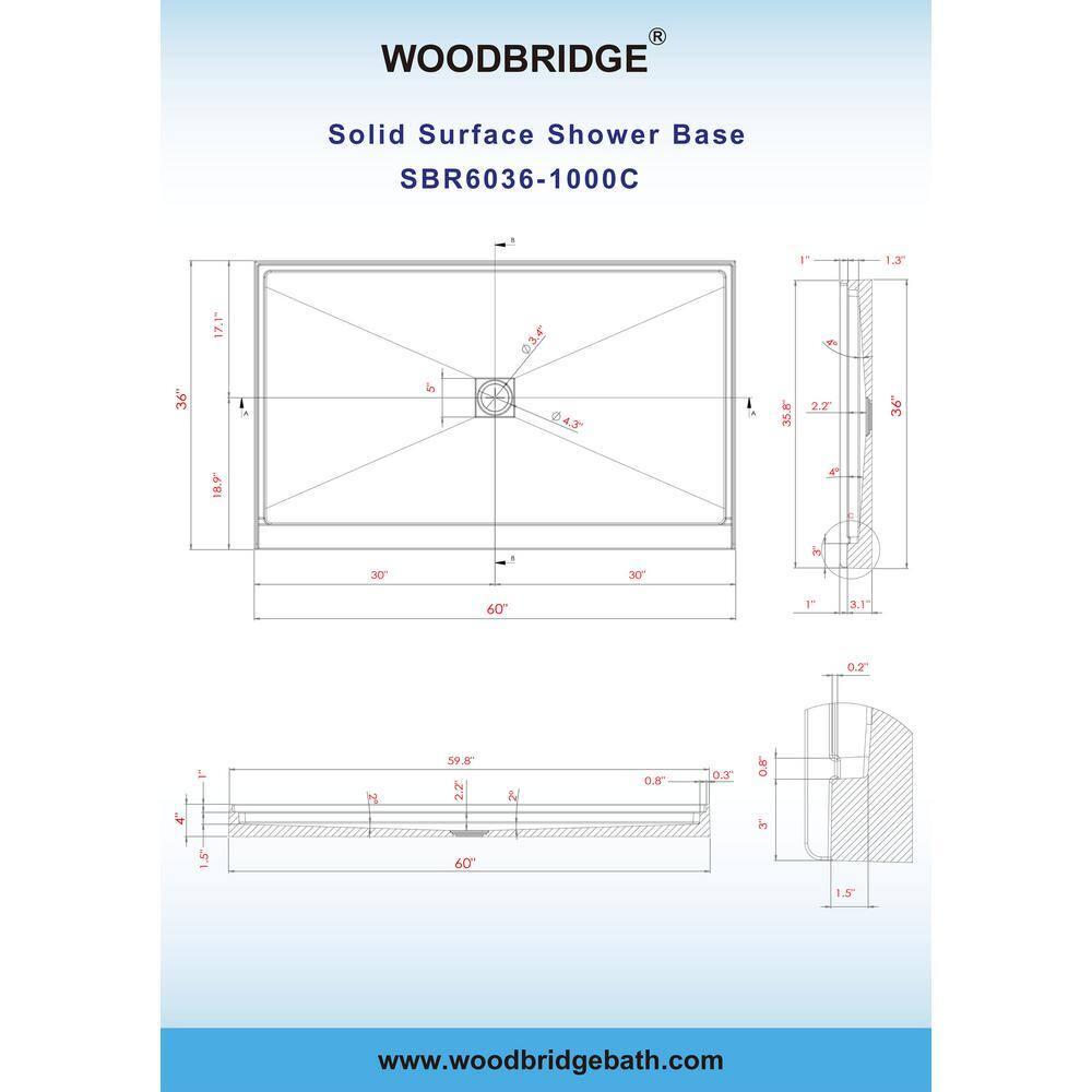 60" x 36" Solid Surface Single Threshold Shower Pan Base with Drain Assembly & Drain Cover Included, Non-Slip