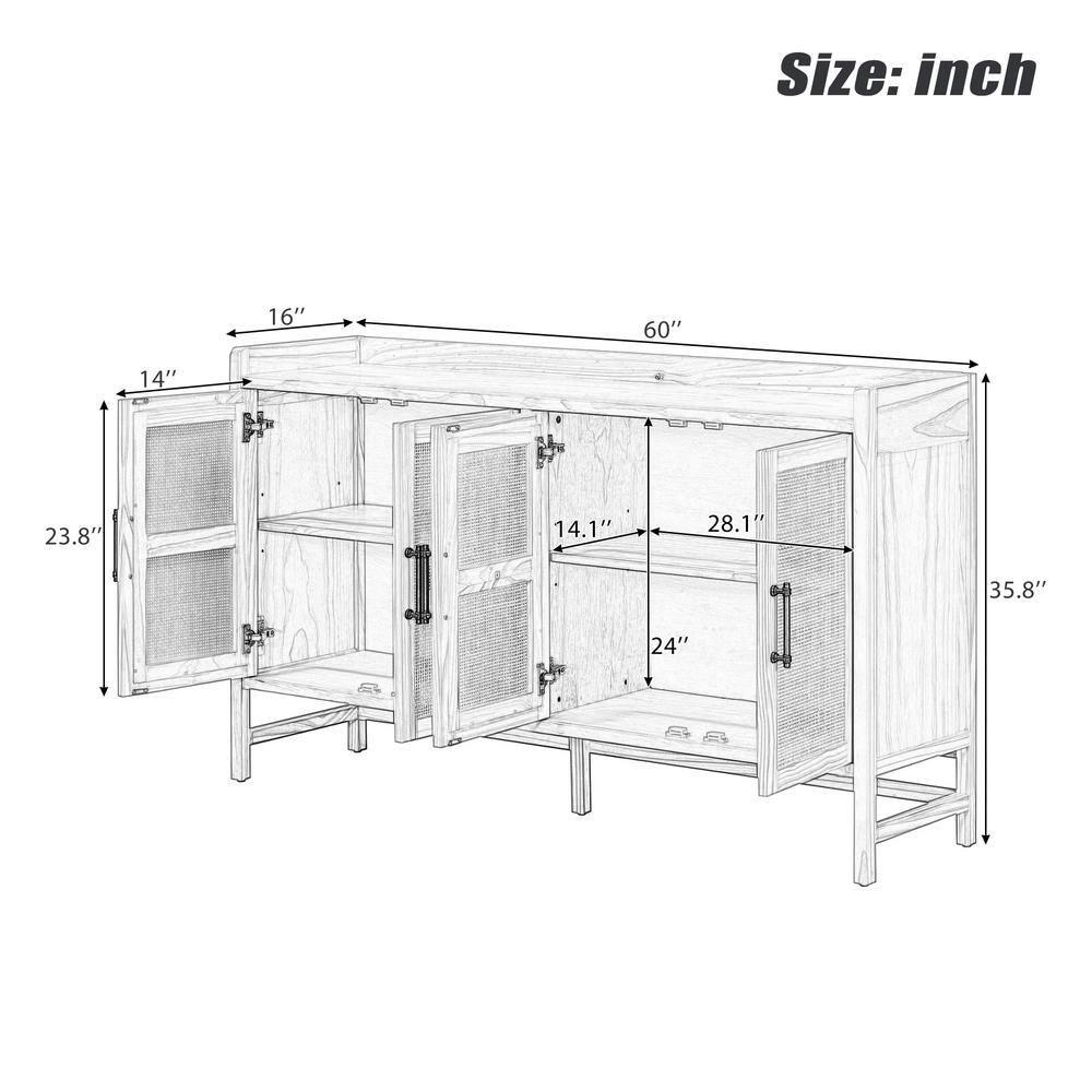 Natural Walnut Wood 60 in. Sideboard with Decorative Rattan Doors and Adjustable Shelves