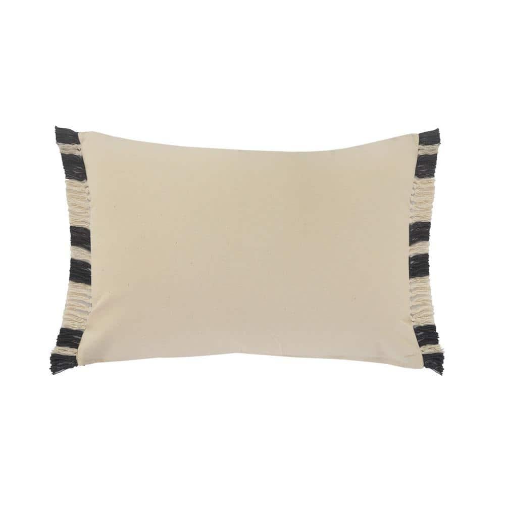 Gray and White Cotton Lumbar Pillow with Fringe, 16" x 24"