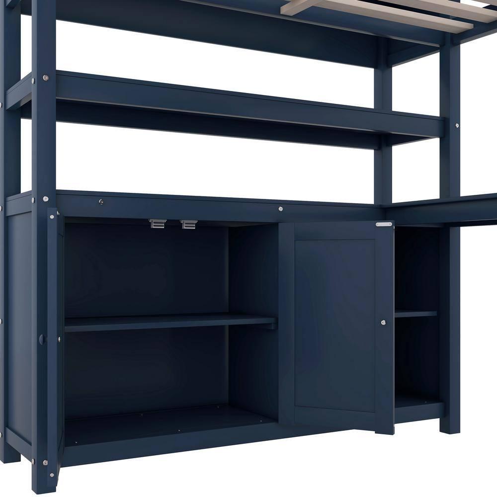 Dark Blue Full Size Wood Loft Bed with Wardrobe, Desk, Bookshelf and Cabinet