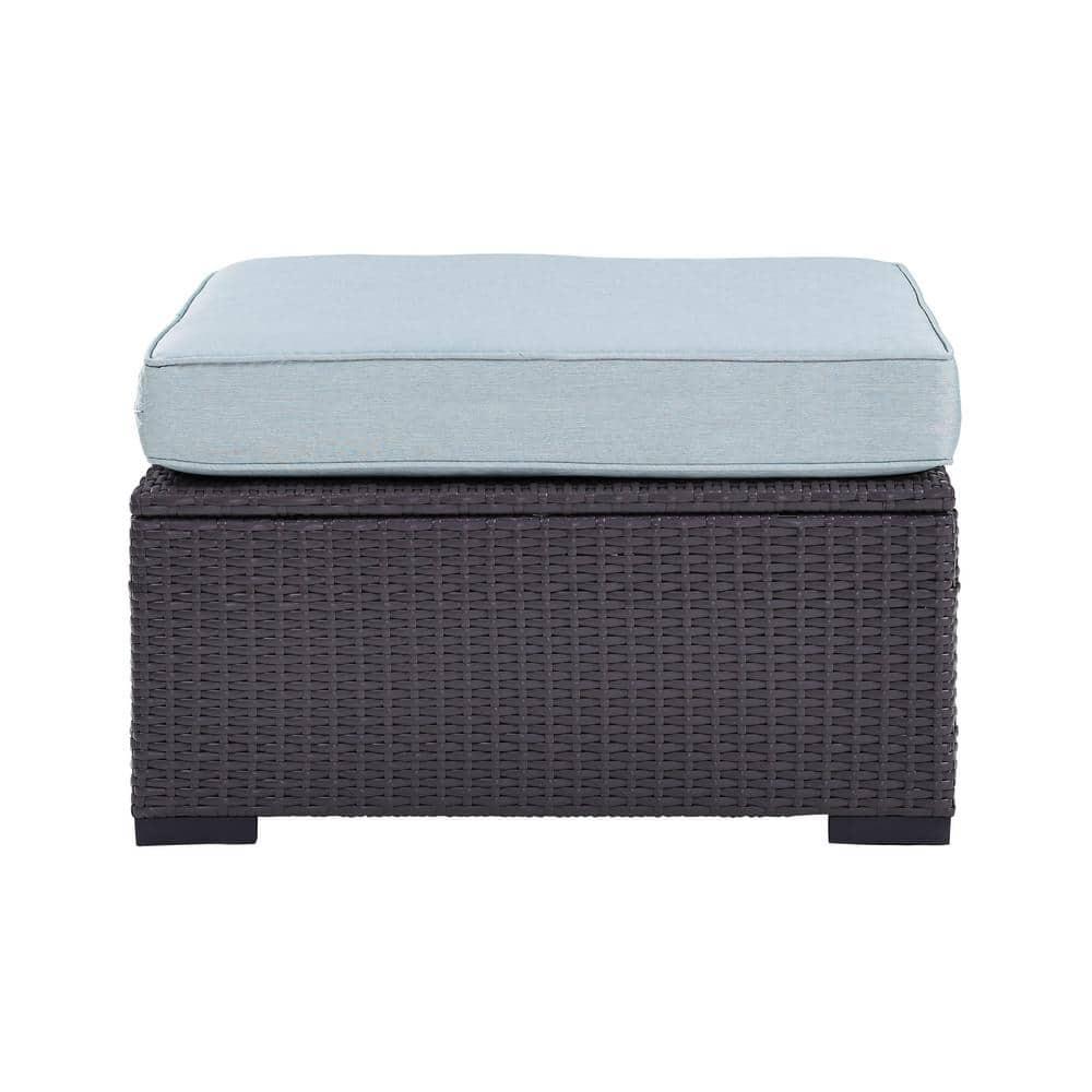 Biscayne Ottoman with Mist Cushions - Brown/Mist - Crosley: Wicker Patio Footrest, UV-Resistant, Polyurethane Foam Fill