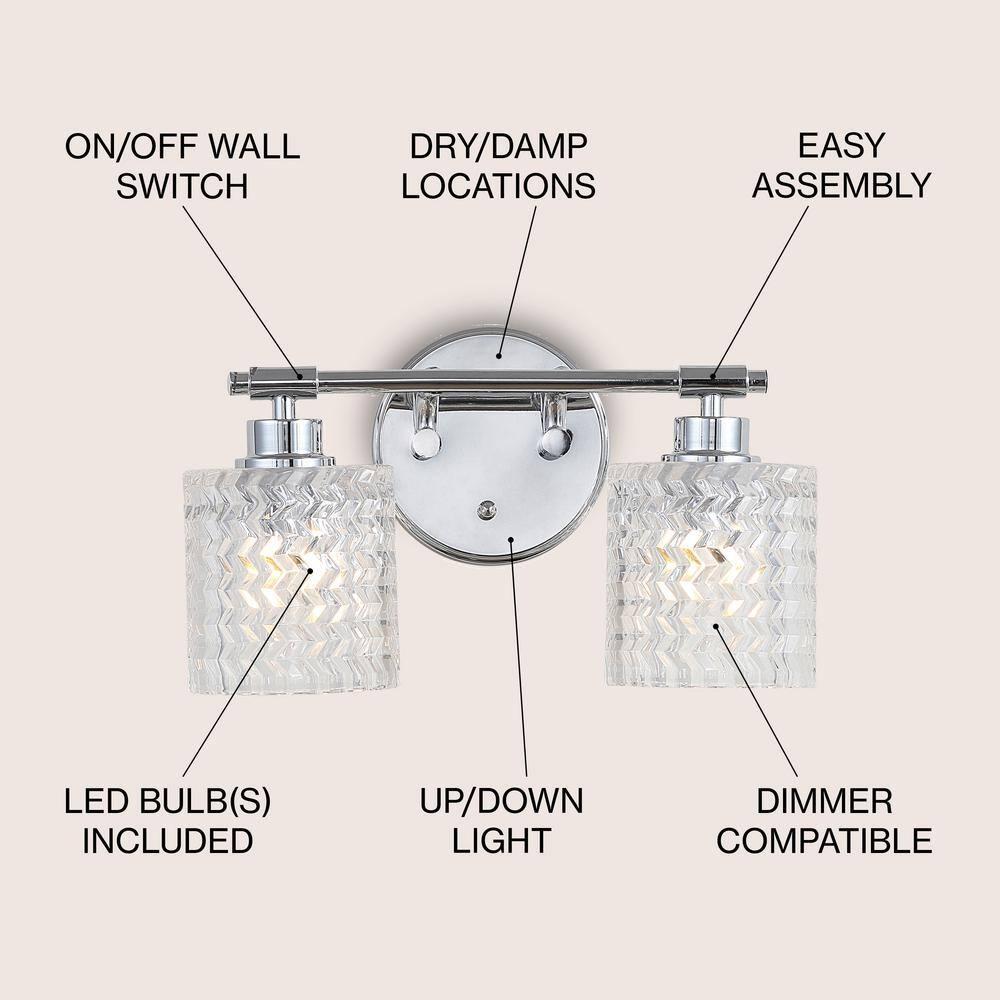 Spaulding Vintage 13" 2-Light Iron/Chevron Pattern Glass Farmhouse Cottage LED Vanity Light, Chrome