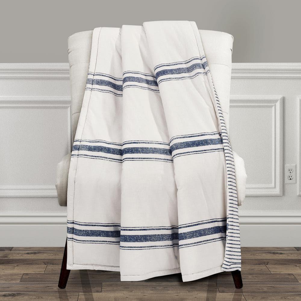 50"x60" Farmhouse Striped Throw Blanket Navy - Lush Décor: Reversible, Cotton, Cozy