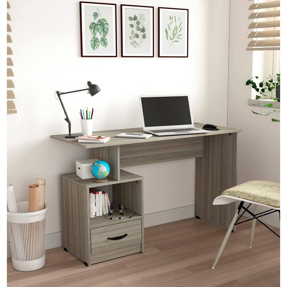 Inval Modern Writing Desk with Drawer and Open Storage, Smoke Oak