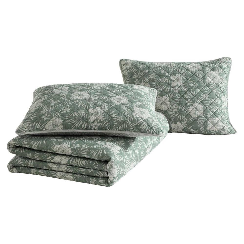 Eddie Bauer Tommy Bahama Hibiscus Jungle Cotton Reversible Green Quilt Set