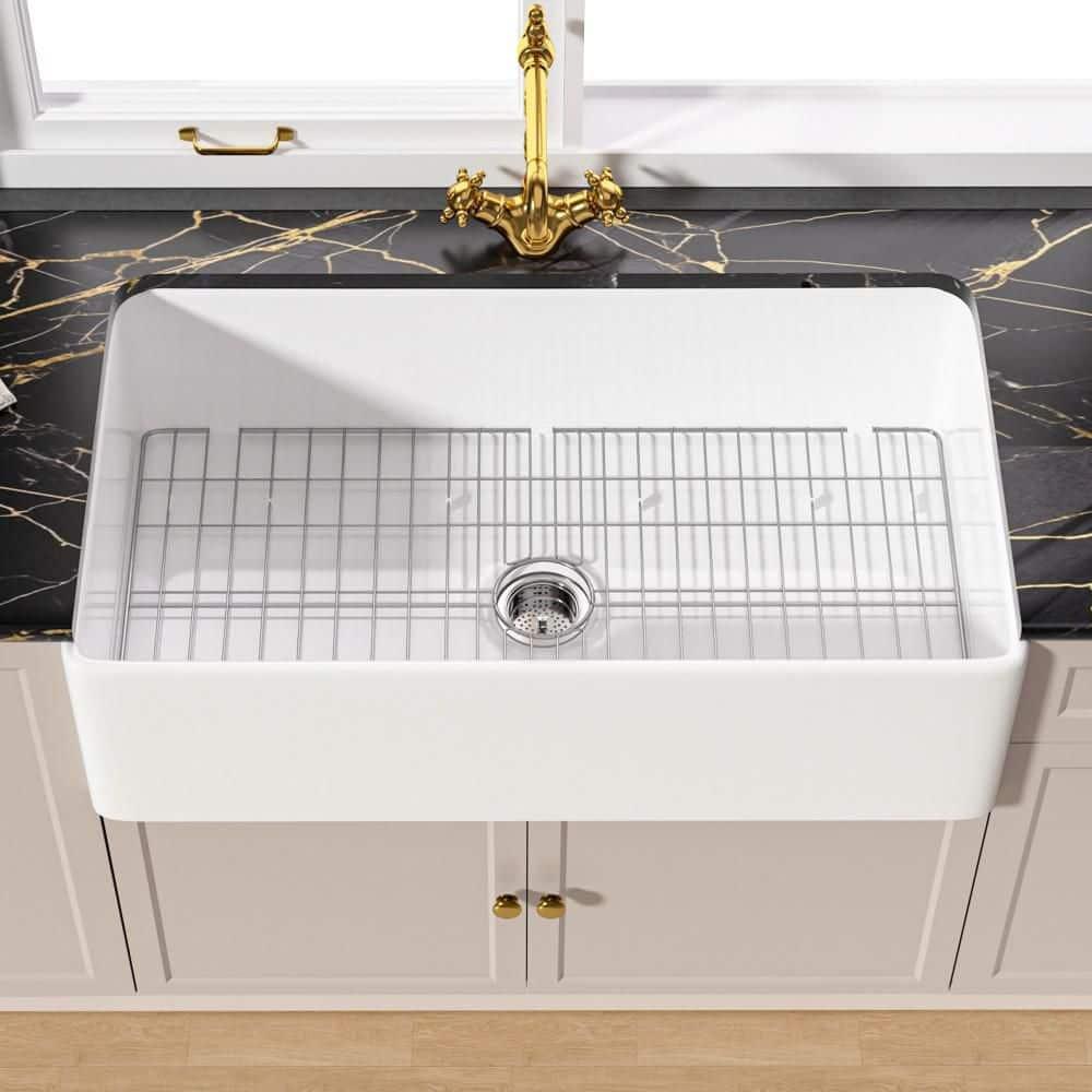 TUKTUK White Farmhouse Sink 36 inch Fireclay Farm Sink Apron Front Single Bowl Kitchen Sinks Deep Large Capacity Porcelain Ceramic Sink Undermount Luxury Bottom Grid & Strainer Drain Included