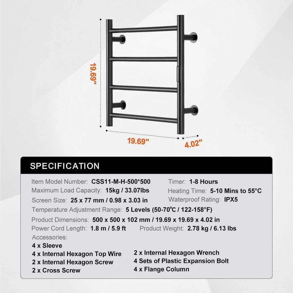 VEVOR 4 Bars Towel Warmer Rack, Wall Mounted Heated Towel Rack for Bathroom, IPX5 Waterpoof Towel Heater Rack with Timer & Display Screen, Black