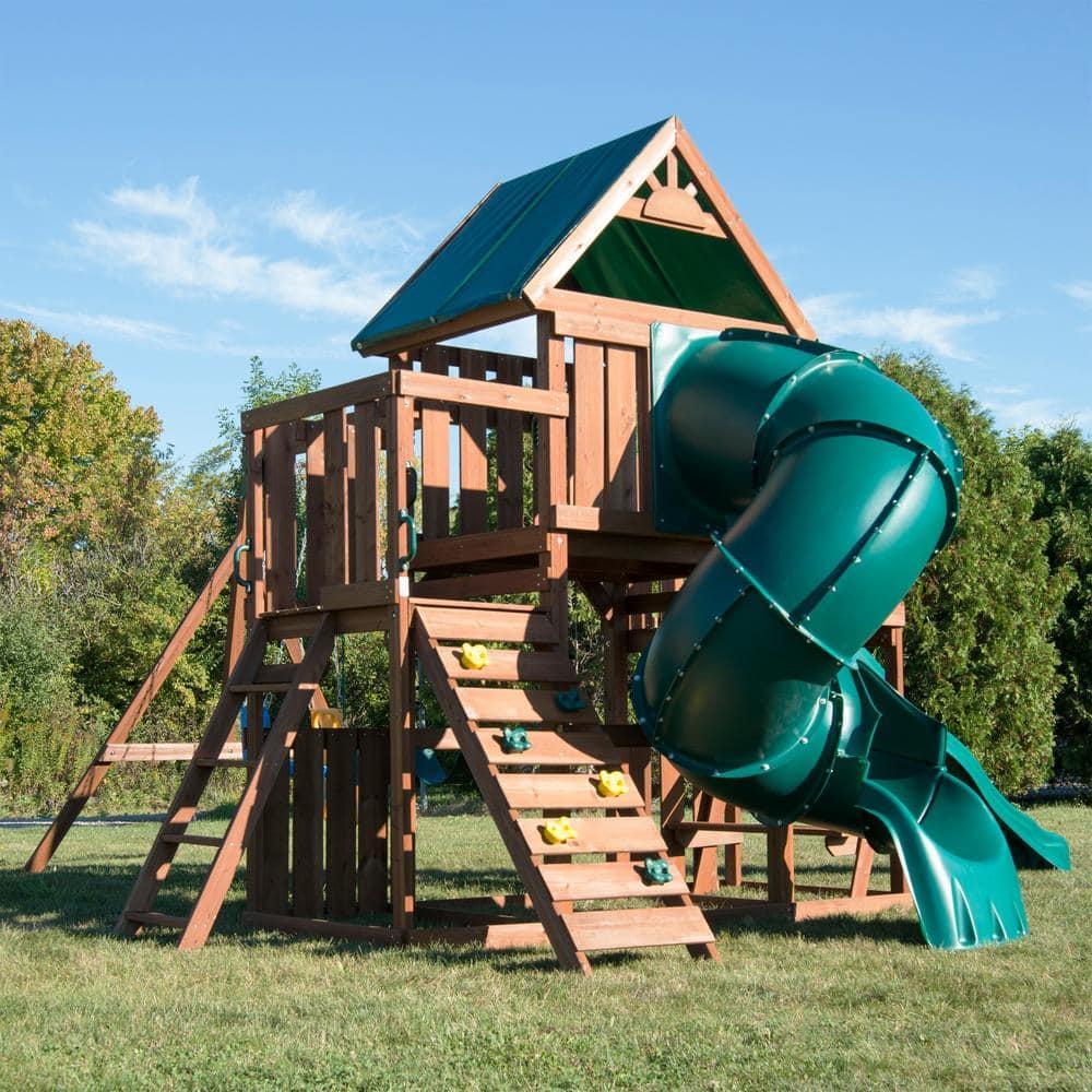 Swing-N-Slide Tellico Terrace Wooden Backyard Swing Set with Tube Slide, Wave Slide, Climbing Wall, and Swings
