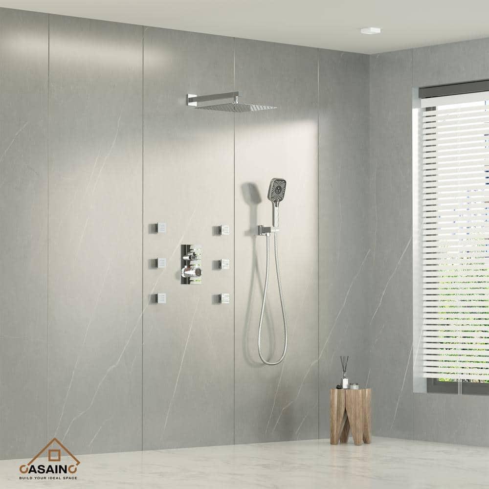 Revitalize 3-Function 12 Inch Wall Mount Rainfall Thermostatic Shower System with 6 Body Jets