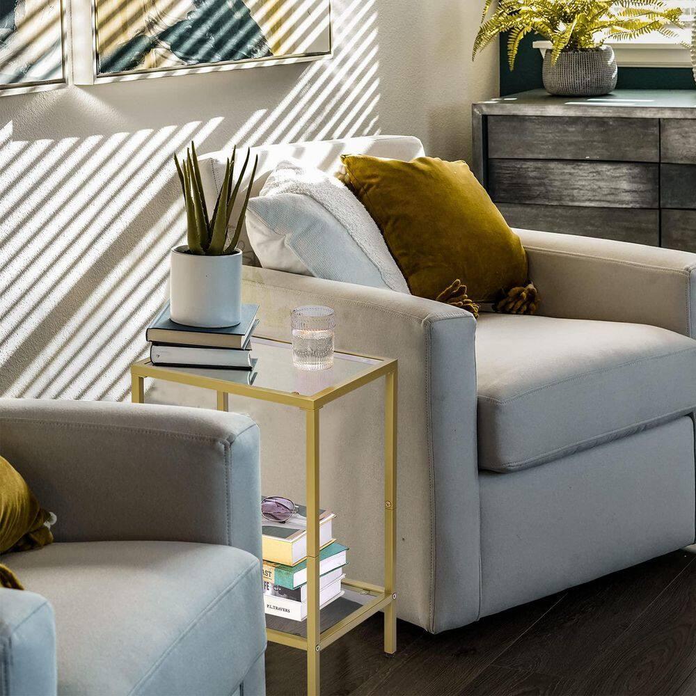 15 in. Gold Metal and Glass Rectangle End Table with 2-Tier Storage