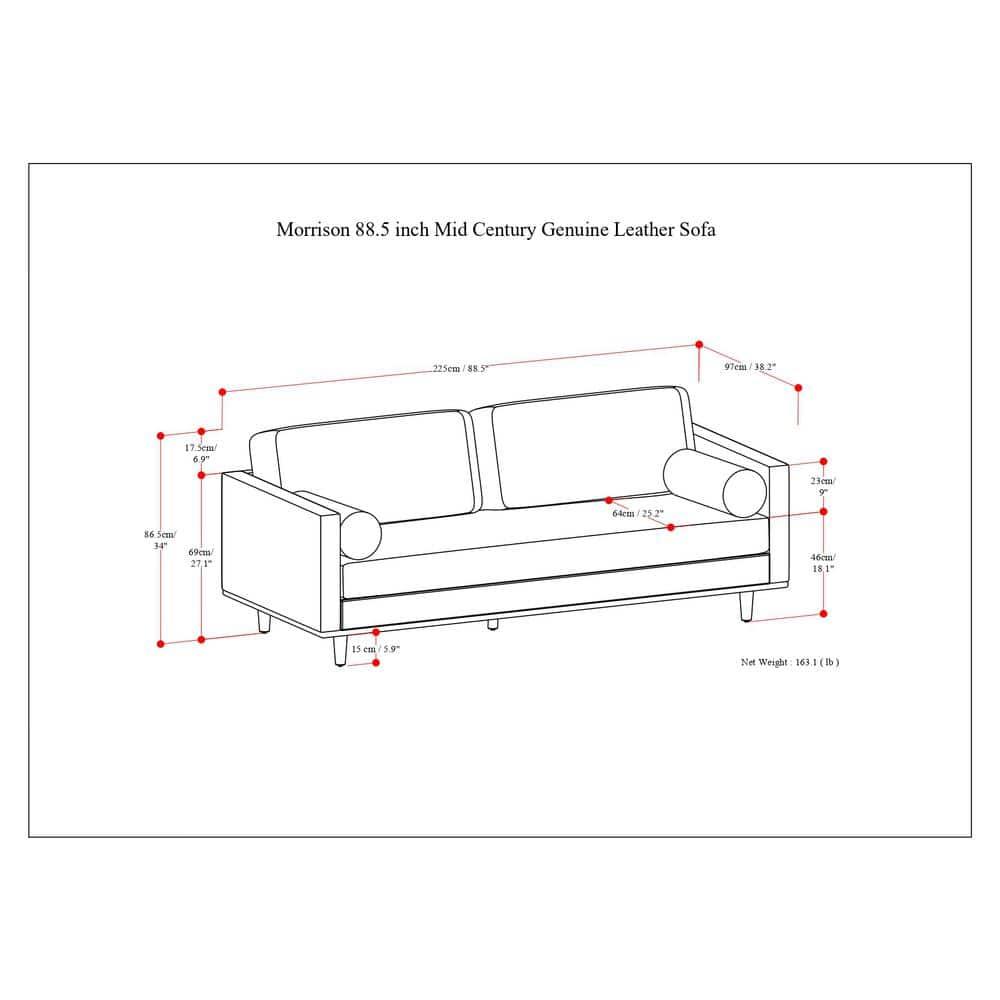 Simpli Home Morrison Genuine Leather Sofa, Mid-Century Modern Couch for Living Room, Handcrafted with Removable Cushions