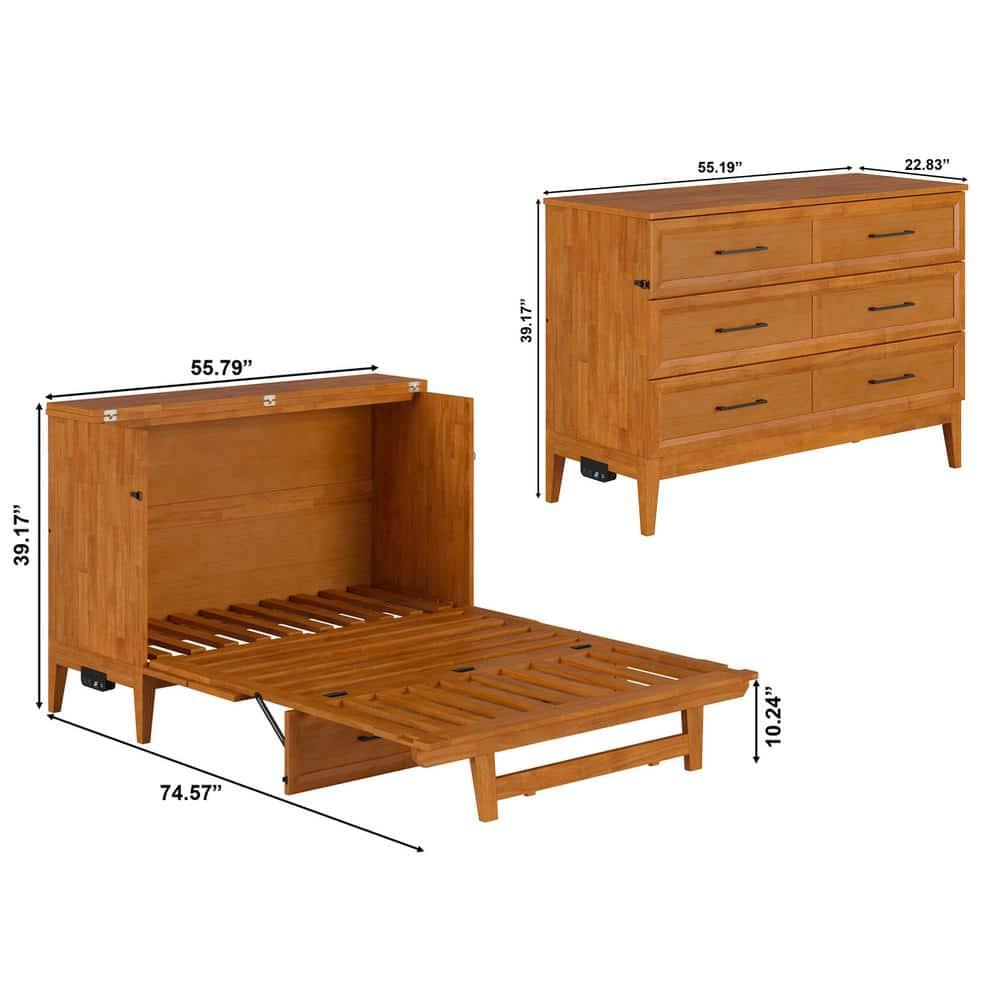 AFI Santa Fe Full Wood Murphy Bed Chest with Mattress and Built-in Charger, Light Toffee