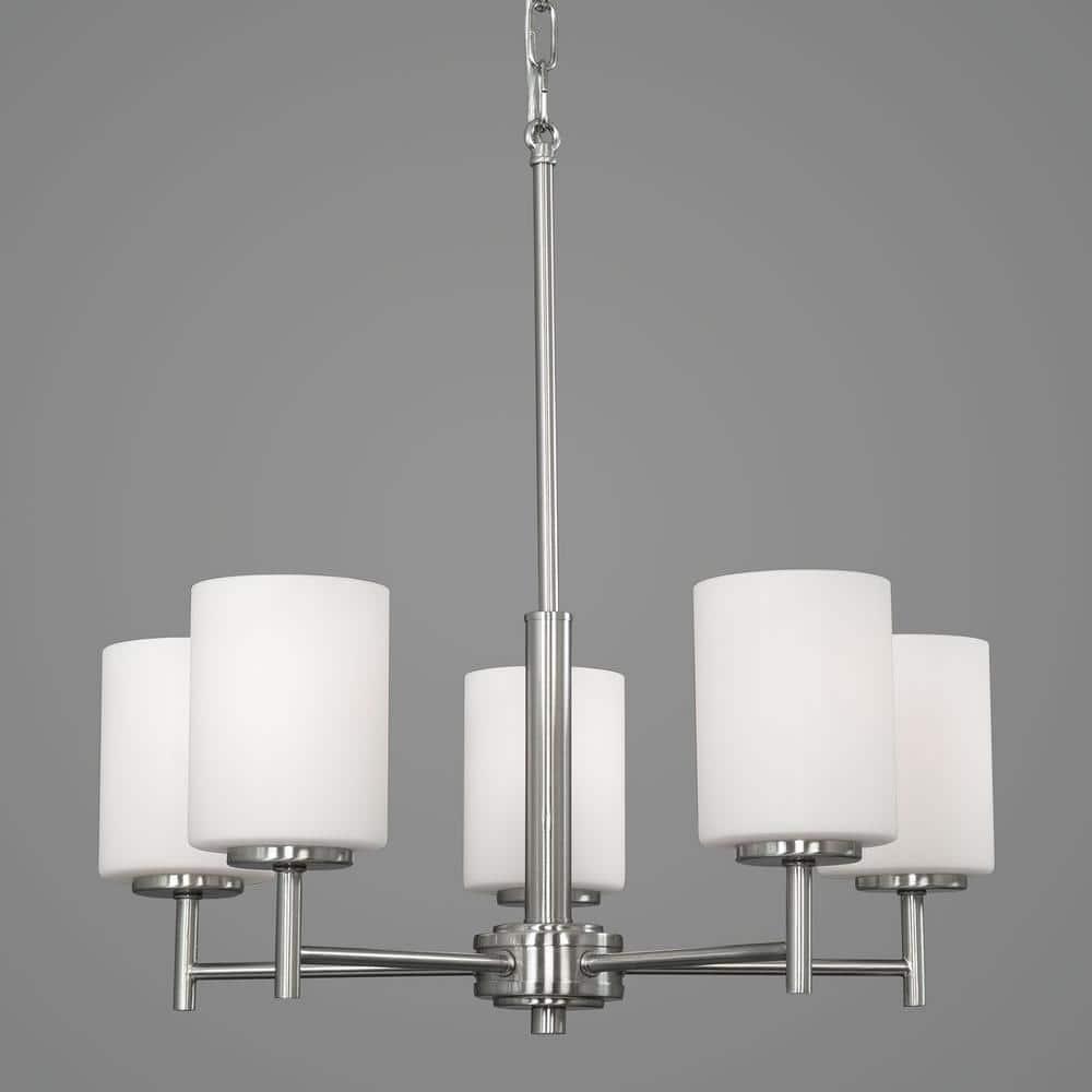 Progress Lighting Replay 5-Light Chandelier, Brushed Nickel, White Glass Shades
