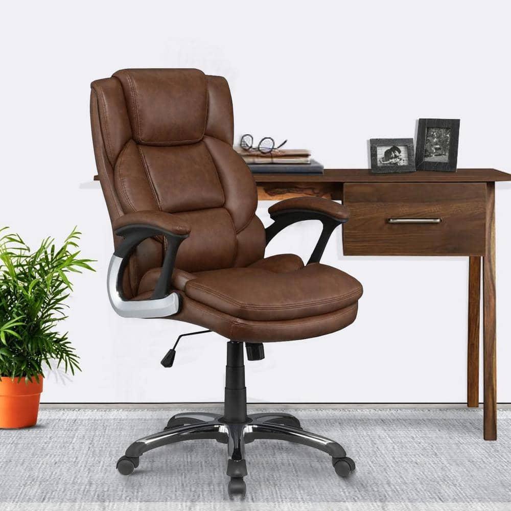 Leatherette Office Chair with Cushioned Back and Metal Star Base Brown - Saltoro Sherpi