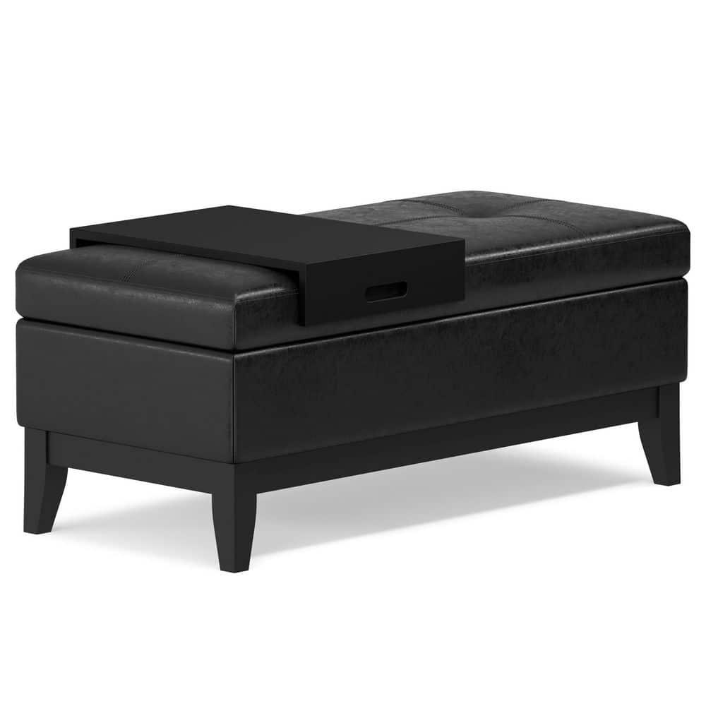Simpli Home Oregon 42"W Upholstered Storage Ottoman Bench with Lift-Top Lid and Tray