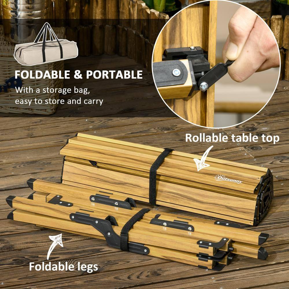 Outsunny Outdoor Portable Table with Collapsing Roll-Up Top, Folding Camping Table, Waterproof Finish, Picnic & Tailgate Table for Beach, Travel, 4'