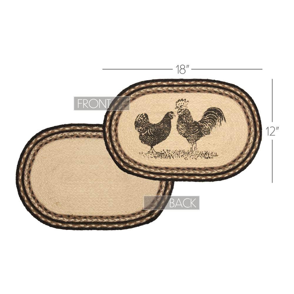VHC Brands Sawyer Mill Poultry 12 x 18" Jute Placemats, Set of 6, Charcoal