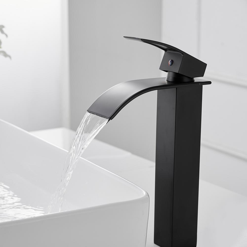 Waterfall Bathroom Faucet Single Handle，Bathroom Sink Faucet 1 Hole，Waterfall Faucet for Bathroom Sink，Vessel Sink Faucet Matte Black Tall Bathroom Faucet