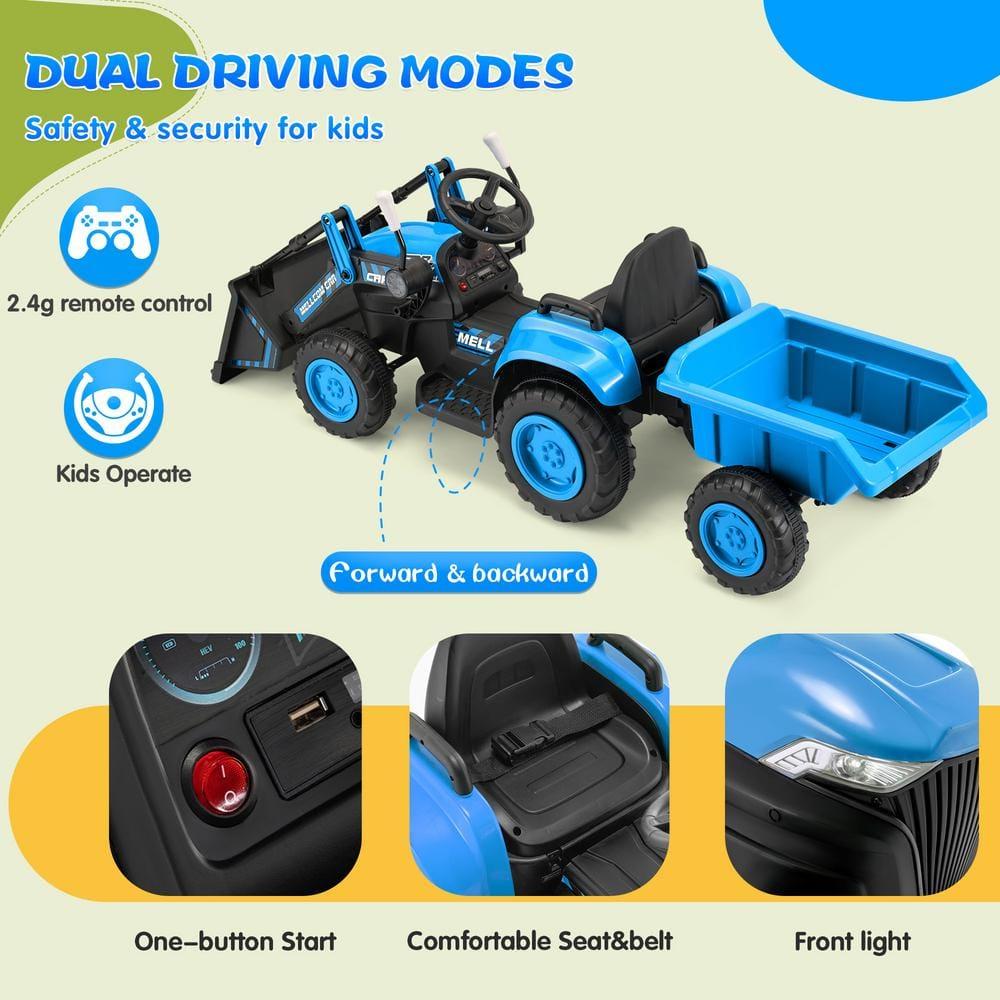 Erommy Ride on Bulldozer Toys with Remote Control, 12 V Battery Powered Ride on Tractor with Trailer, Front Loader Bucket, Horn, Lights, Music