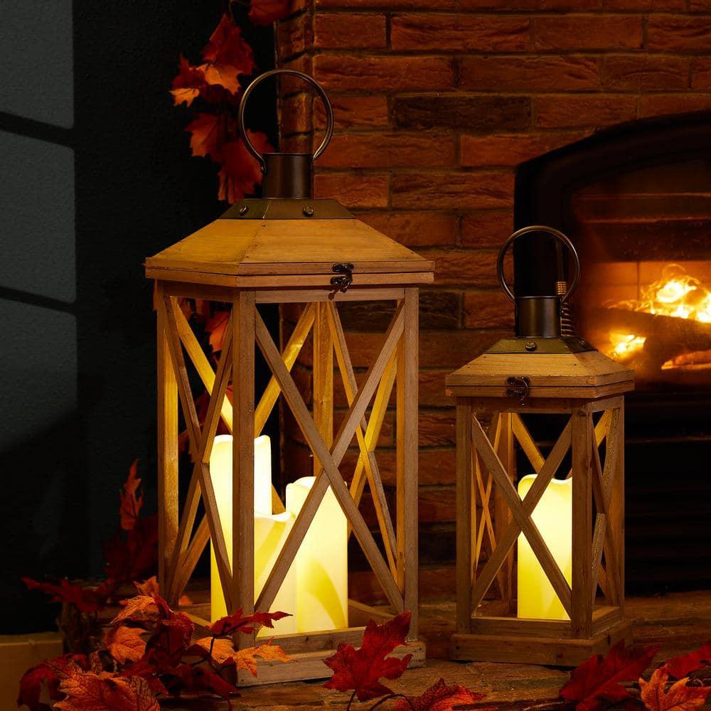 Set of 2-Mondern Brown Farmhouse Wooden Lantern