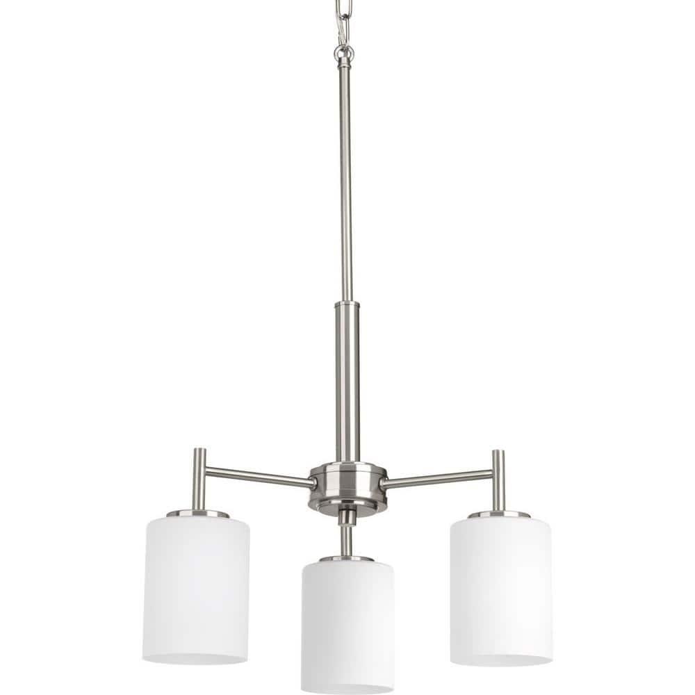 Progress Lighting Replay 3-Light Chandelier, Brushed Nickel, White Glass Shades