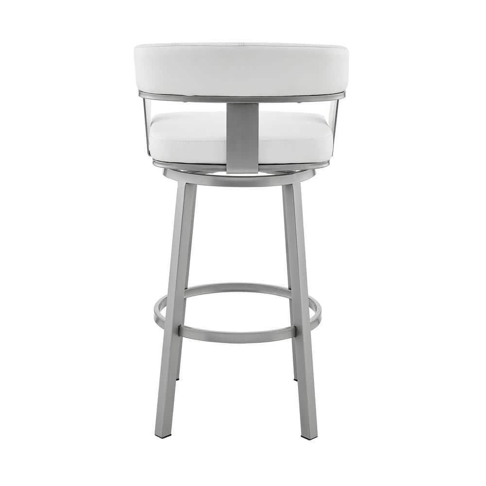 Armen Living Cohen30" Bar Height Swivel Bar Stool in Silver Finish with White Faux Leather