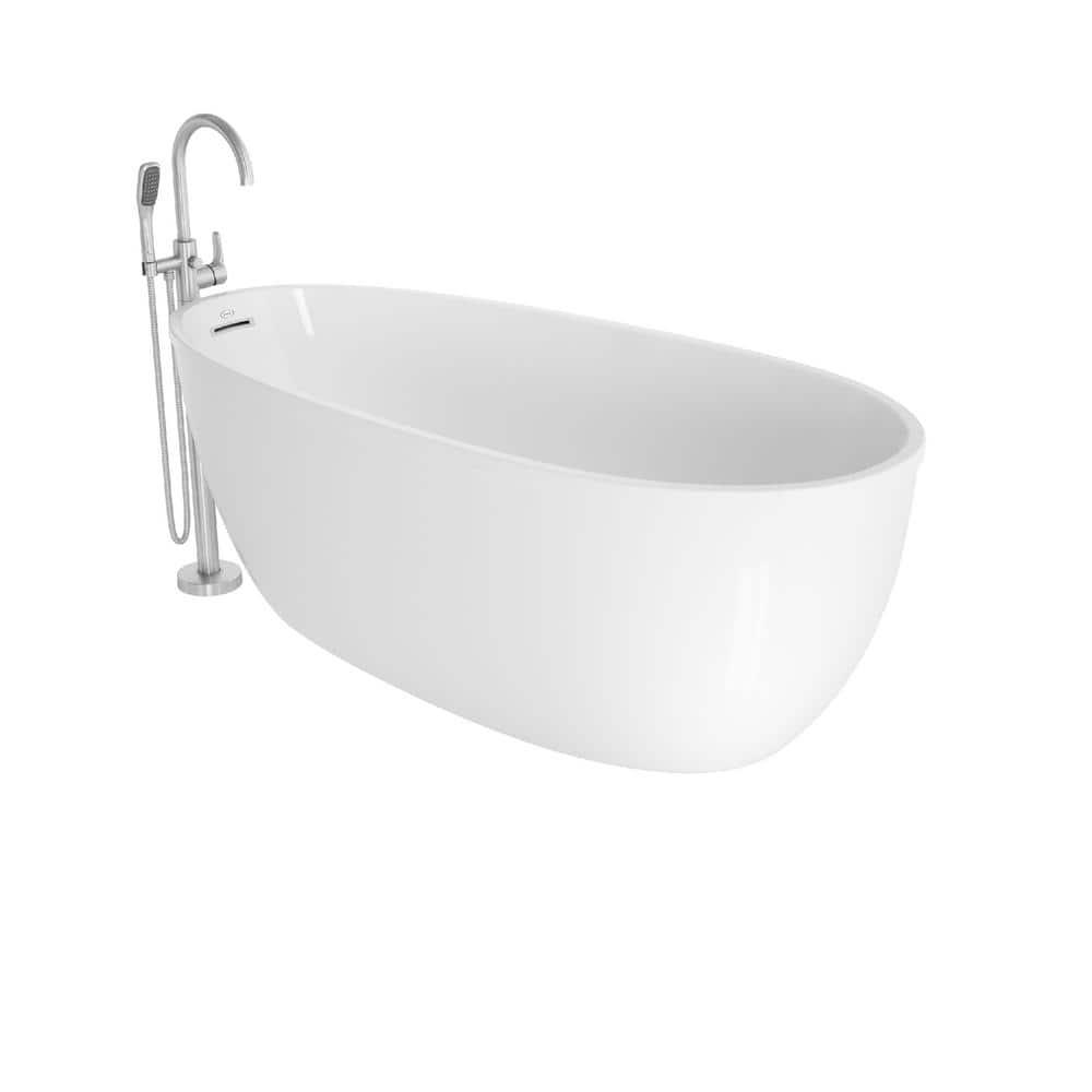 STRETTO 6732 Acrylic Freestanding Soaking Bath Univ End Drain White/White With NW50827 Round Tub Filler Chrome