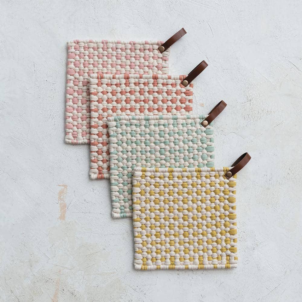 Creative Co-Op Light Hue Cotton Crocheted Pot Holder With Leather Loop (Set of 4)