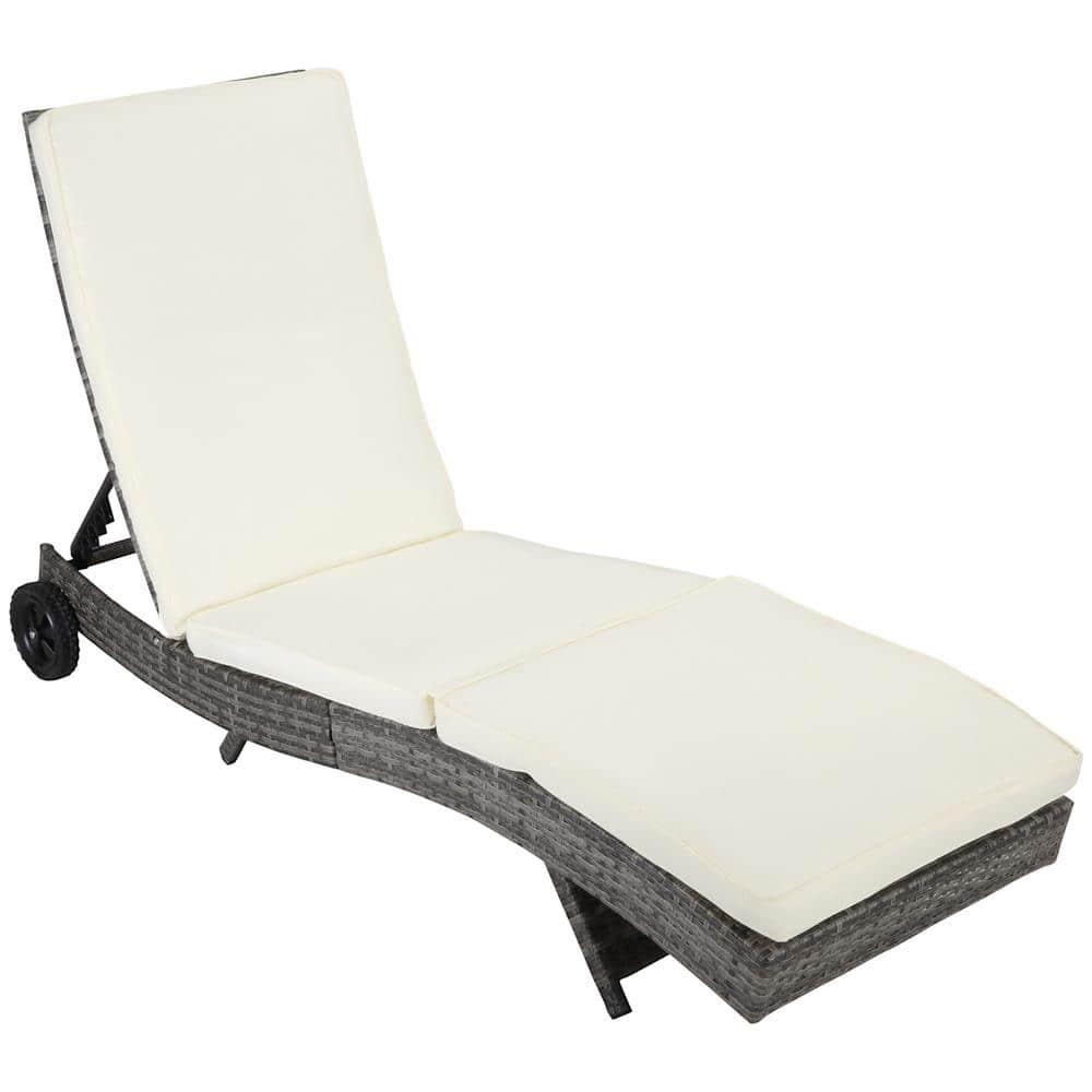 Outsunny Patio Wicker Chaise Lounge Chair, Outdoor PE Rattan Sun lounger w/ 5-Level Adjustable Backrest & 2 Wheels for Easy Movement, Off-white