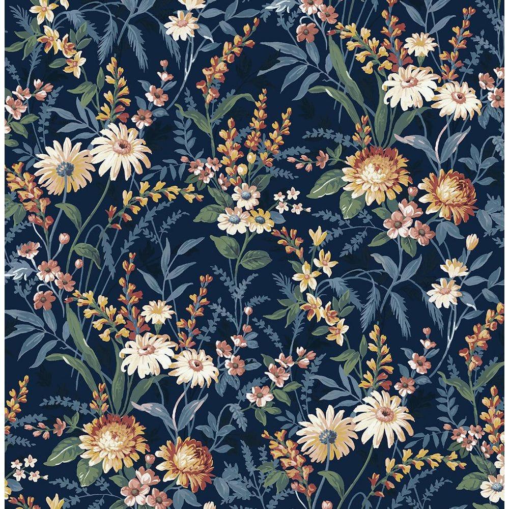 NextWall  Vintage Floral Peel and Stick Wallpaper 20.5 in. W x 18 ft. L - Navy Blue