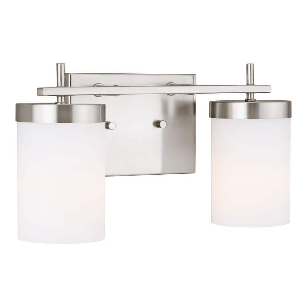 Brushed Nickel Two-Light Cylinder Wall Sconce with Etched Glass Shades
