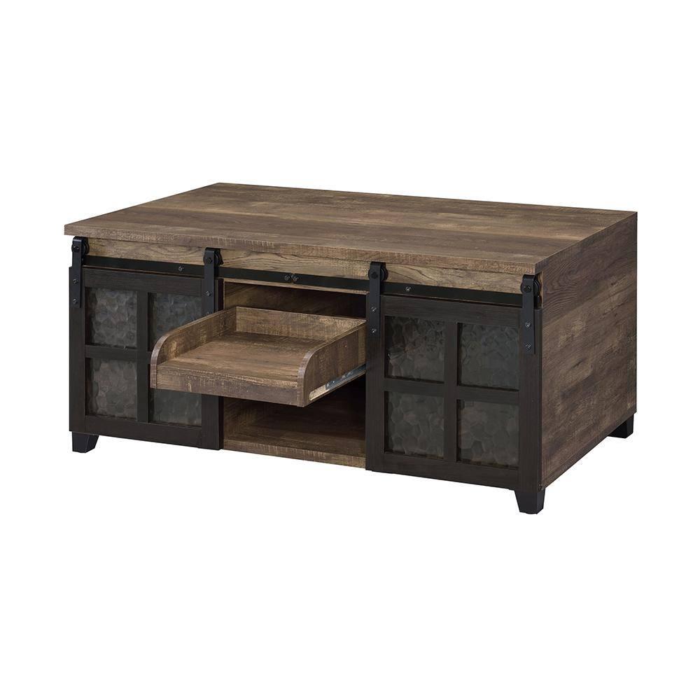 DremFaryoyo Nineel Coffee Table  Obscure Glass  Rustic Oak & Black Finish 87955