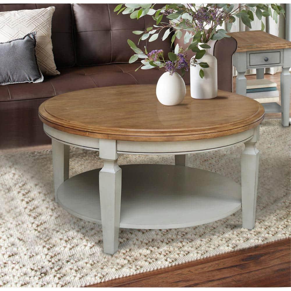 Vista Round Coffee Table Brown - International Concepts: Modern Two-Tone Wood, Fixed Shelf, 20.3"H x 38"W