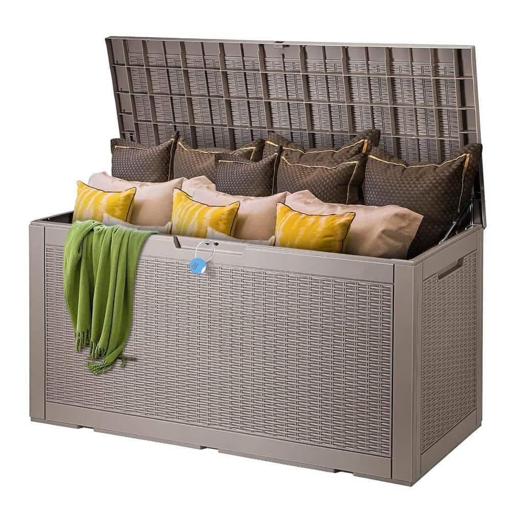 Sunnydaze Outdoor Deck and Patio Storage Box with Rattan Design - 100 Gal. - Driftwood