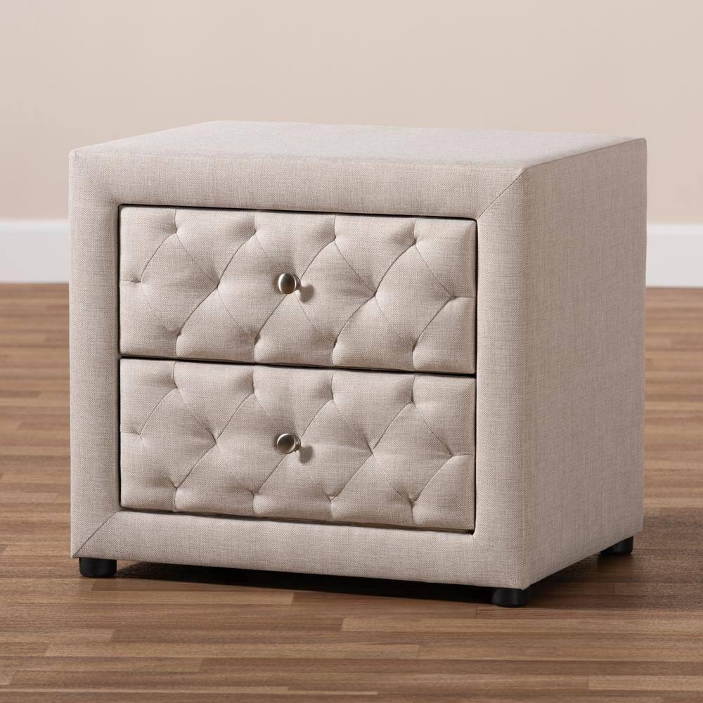 2 Drawer Lepine Wood Nightstand Beige - Baxton Studio: Upholstered, Tufted, Silver Knobs, Assembly Required